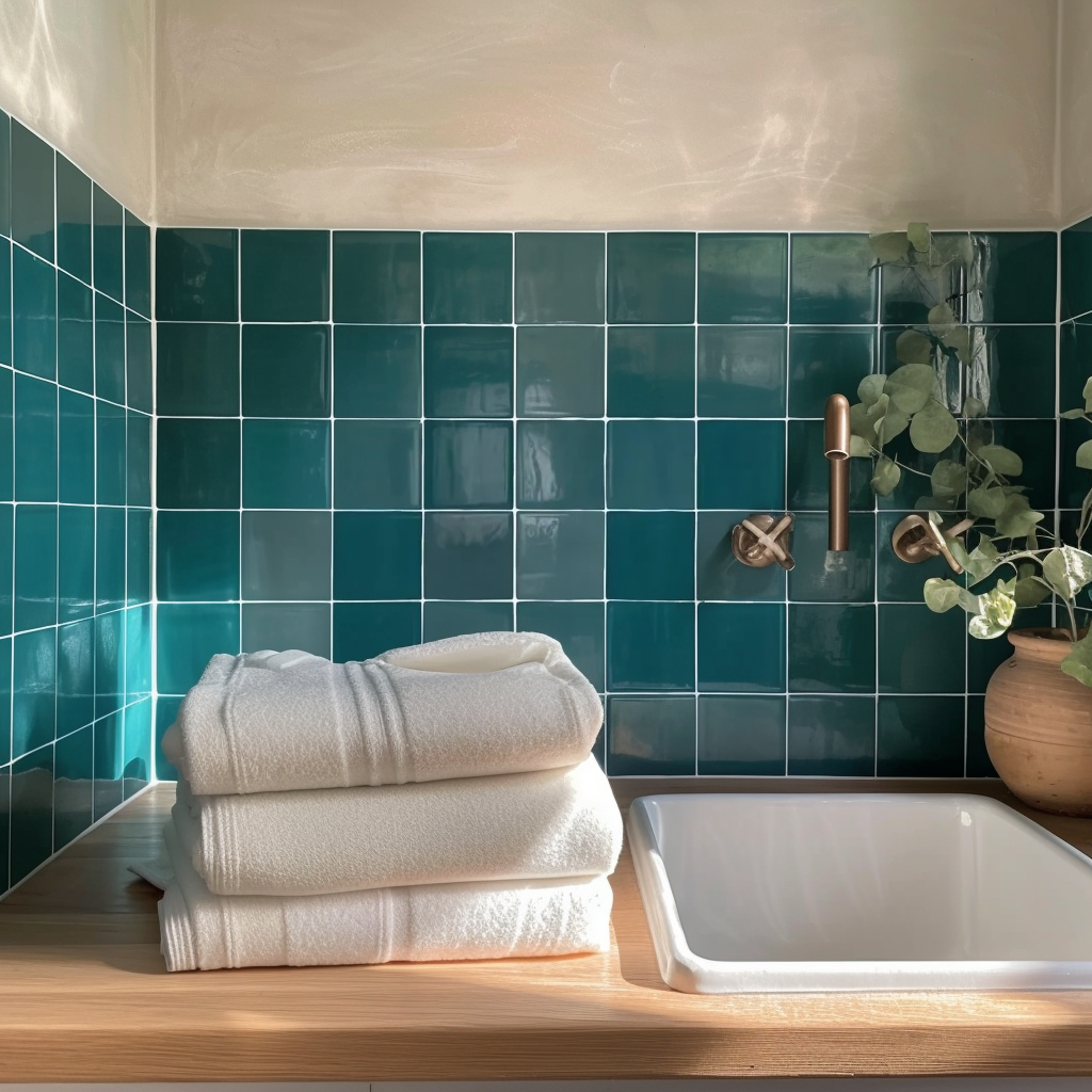 a bathroom with a sink and green tiled walls