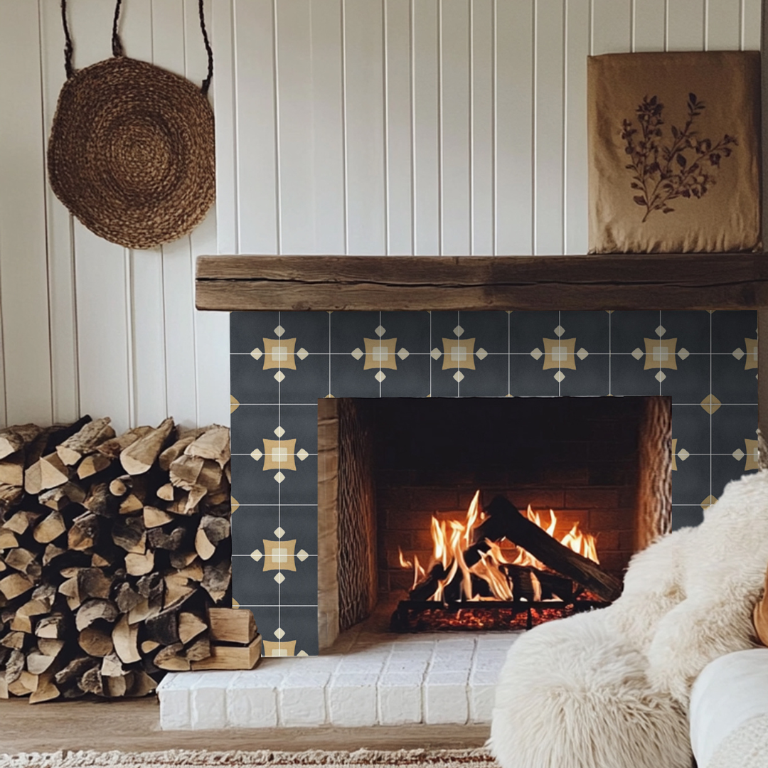 a living room with a fire in the fireplace