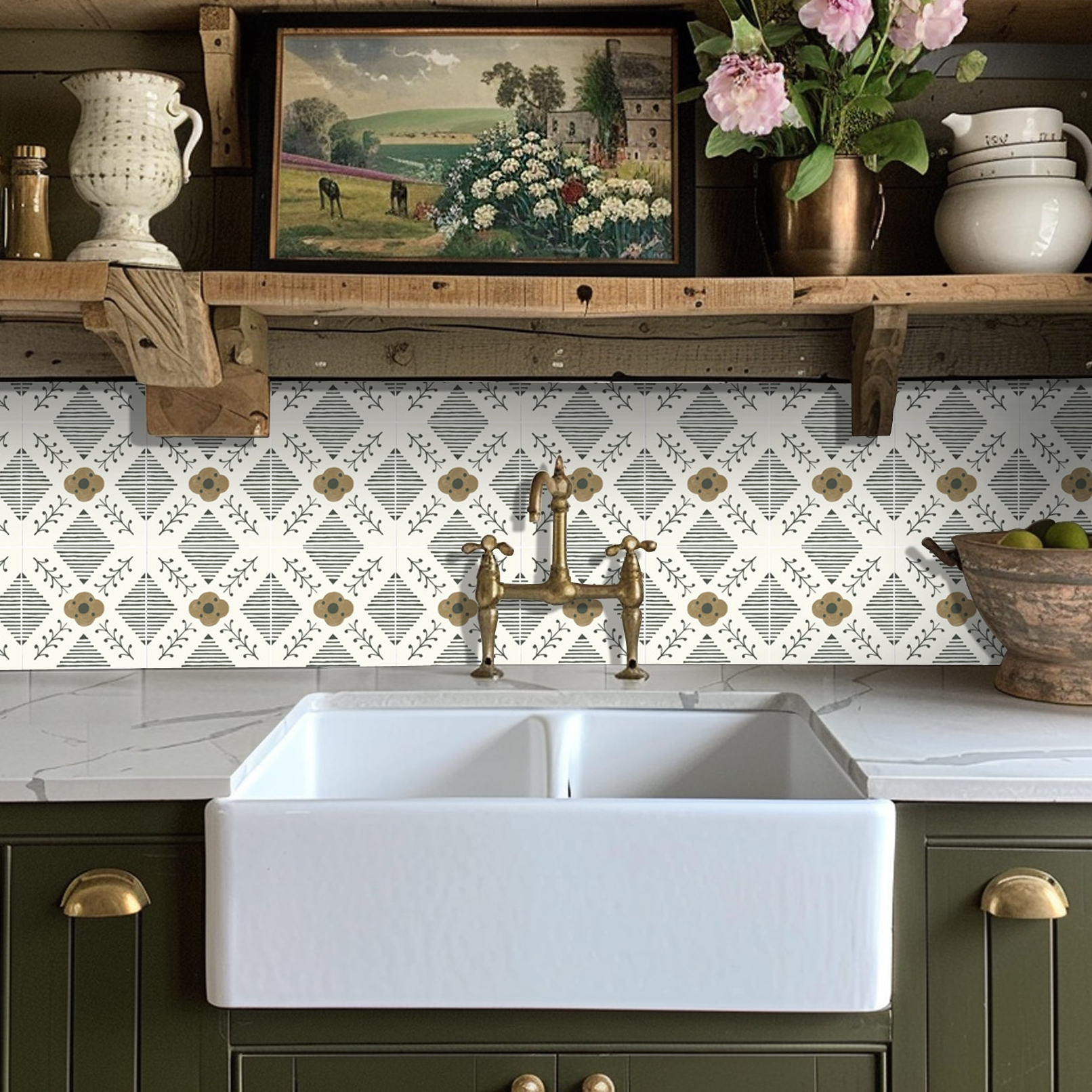 a kitchen with green cabinets and a white sink