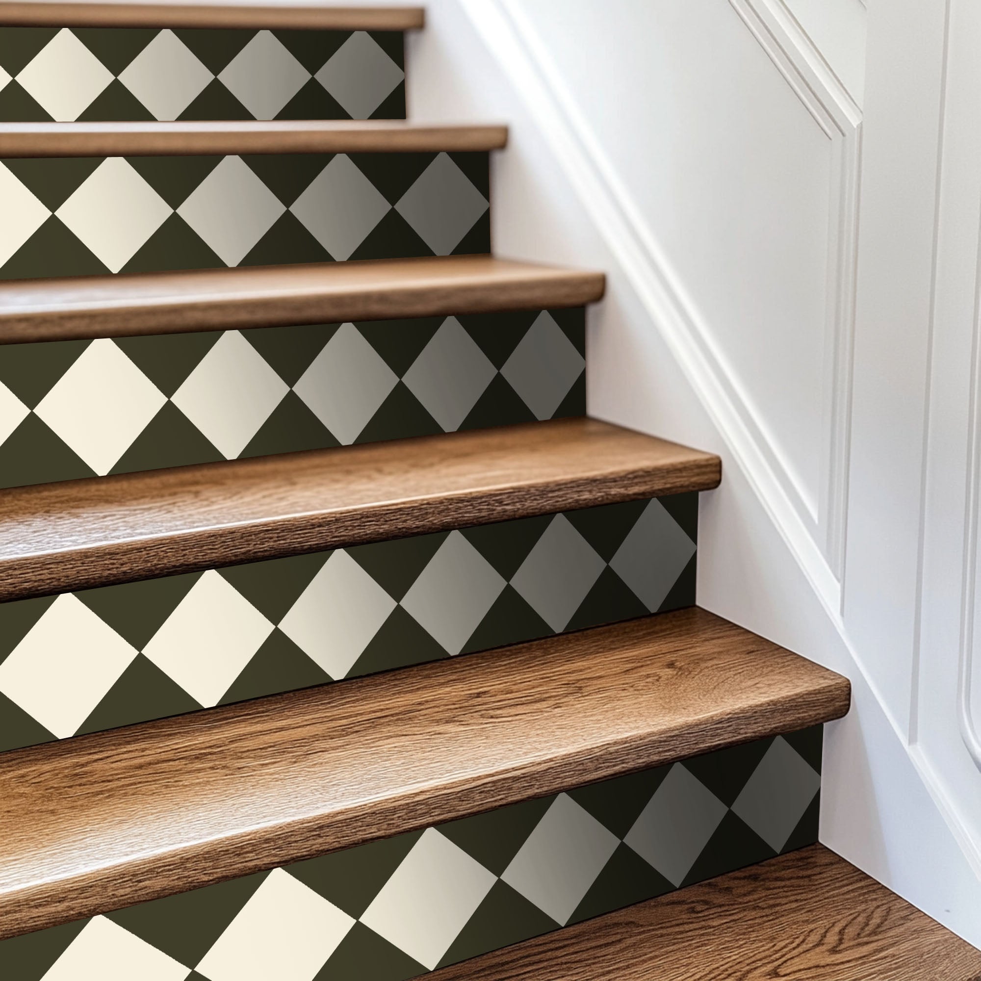 Checkerboard Stair Riser Stickers Bone White and Dark Olive