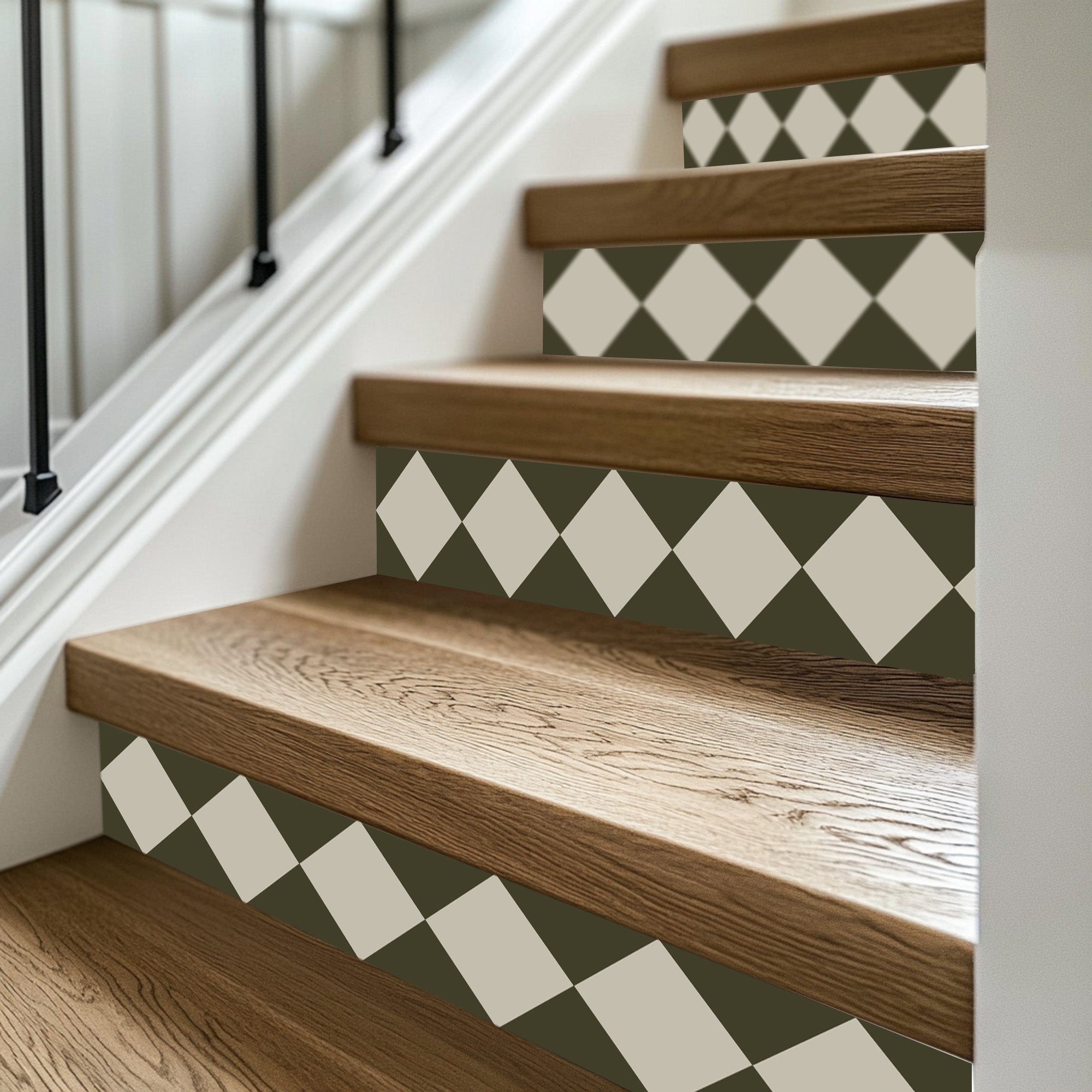 Checkerboard Stair Riser Stickers Dark Olive and Sepia