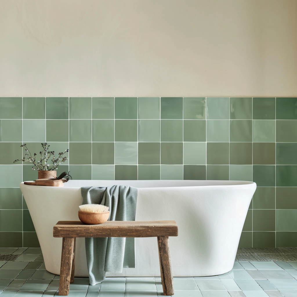 a bath tub sitting next to a wooden stool