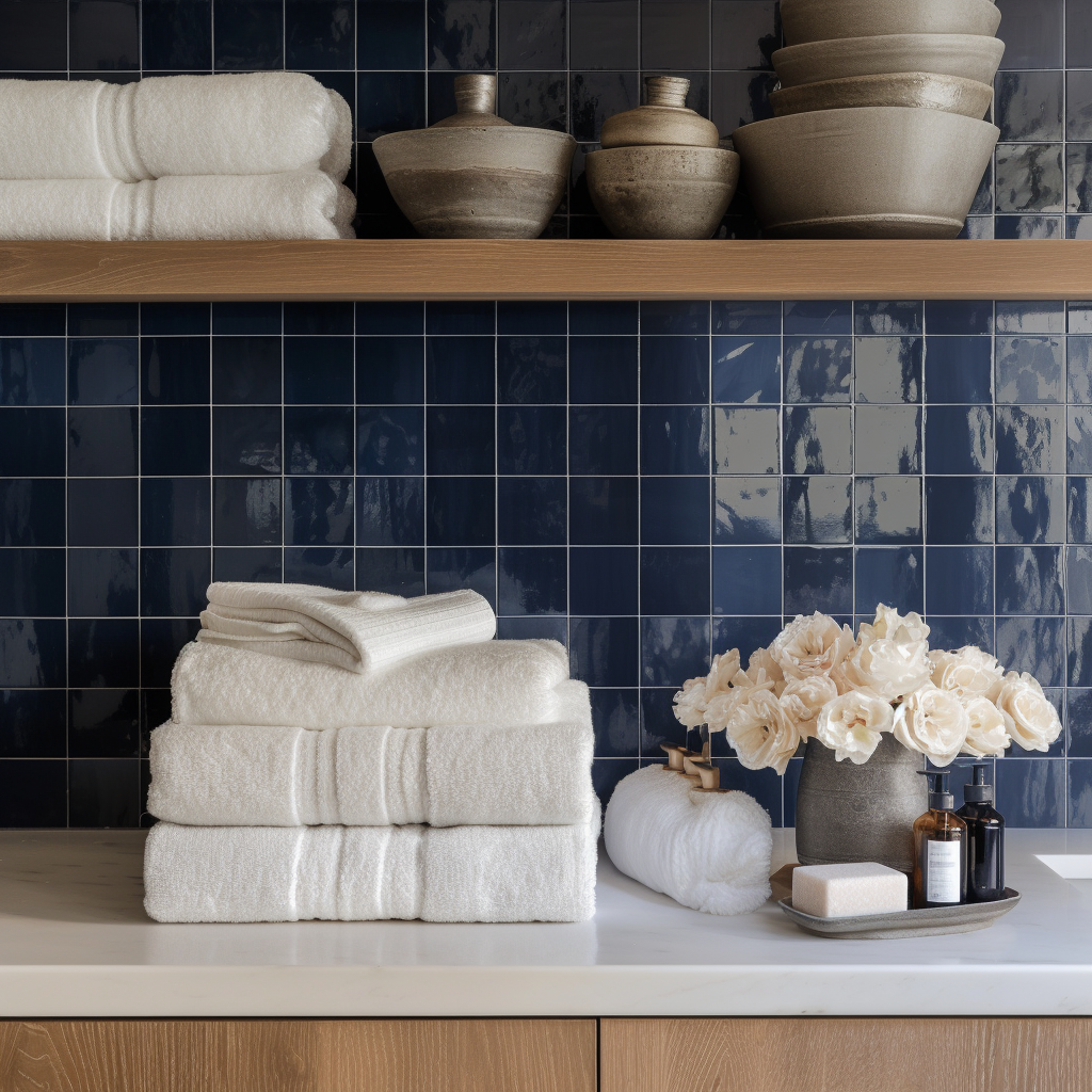 a shelf with towels and vases on it