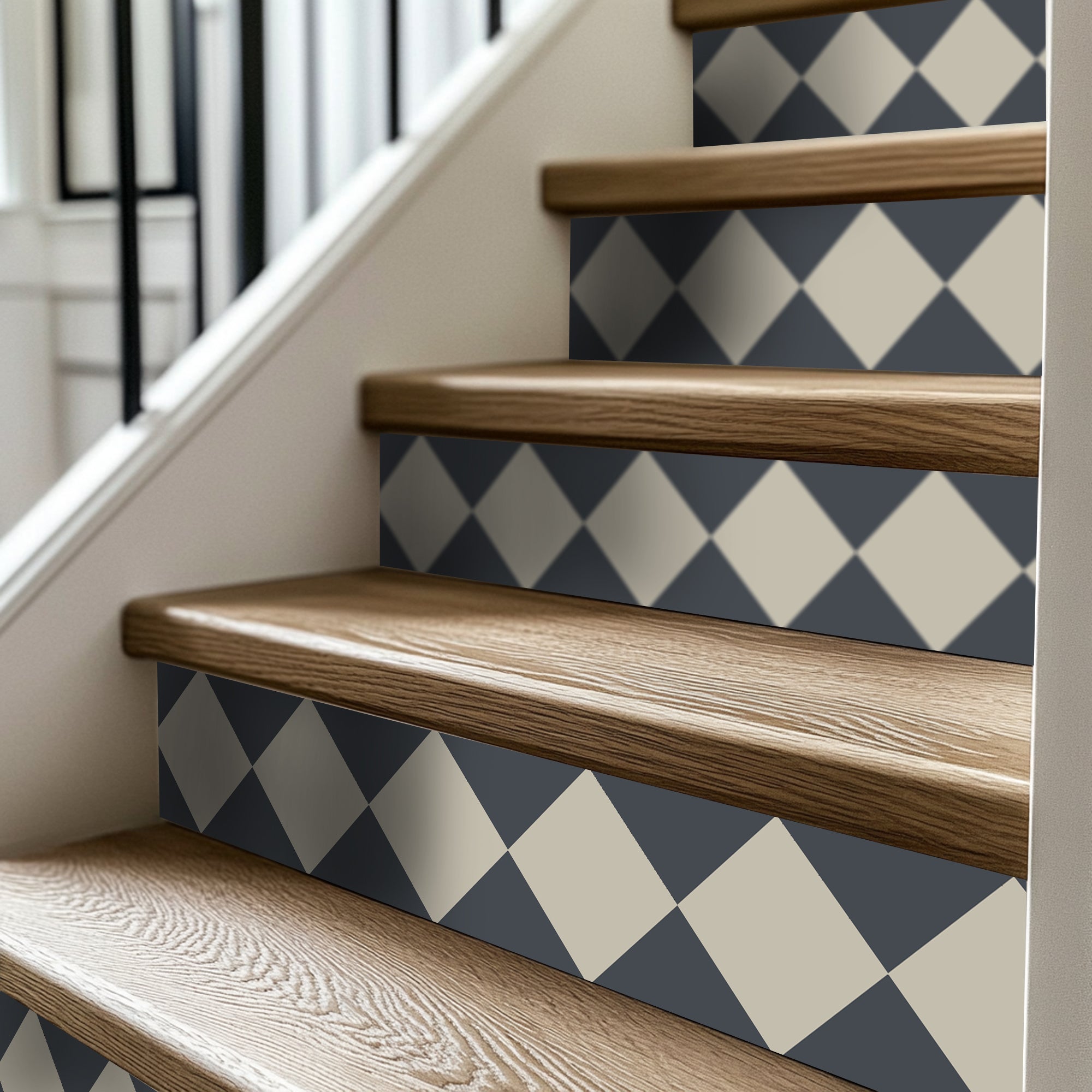 a stair case with blue and white tiles on it