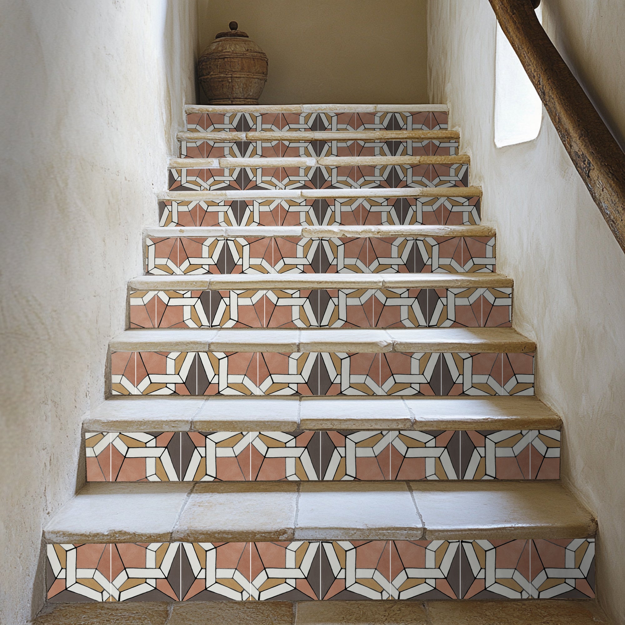 a set of stairs with a tiled design on it