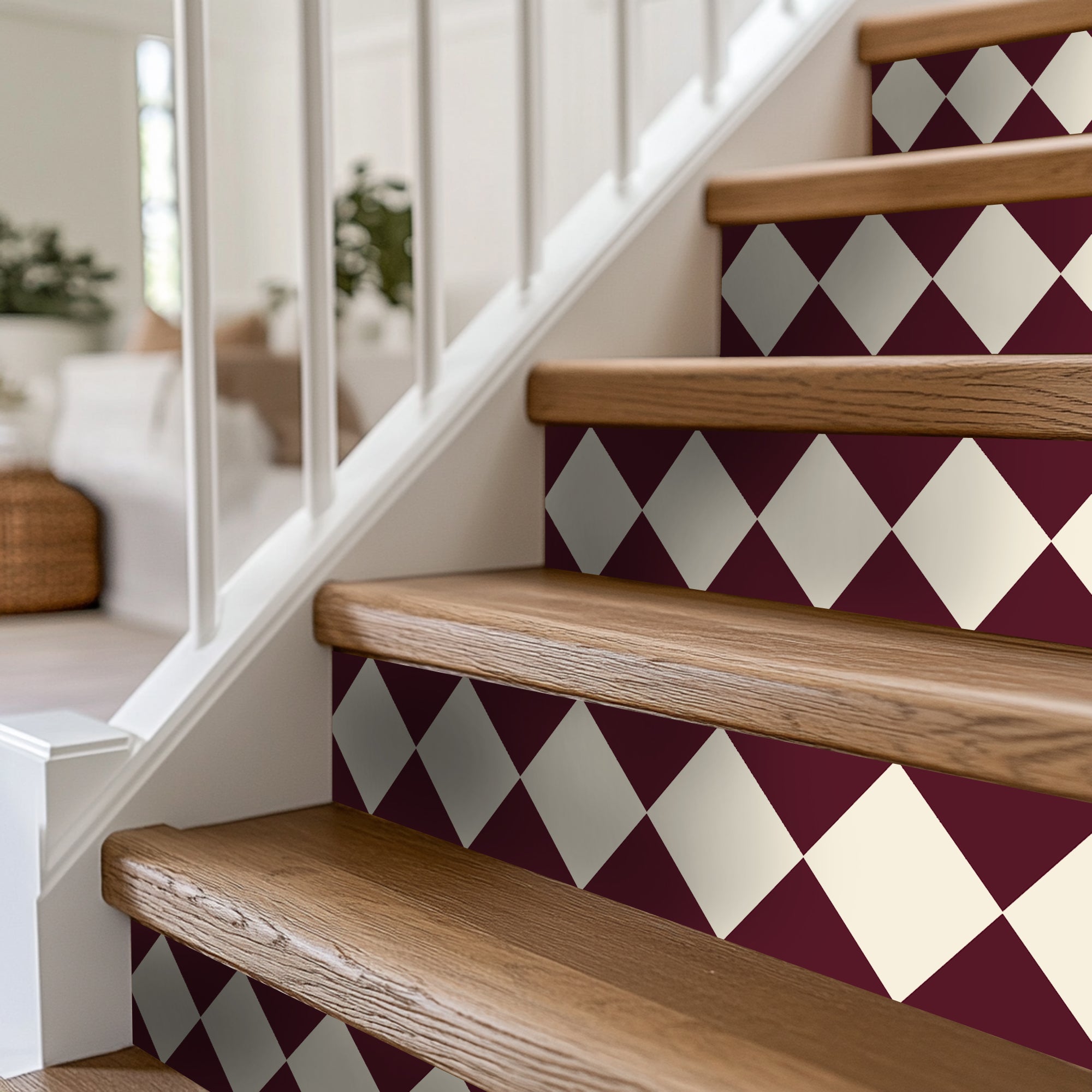 a set of stairs with red and white tiles on them