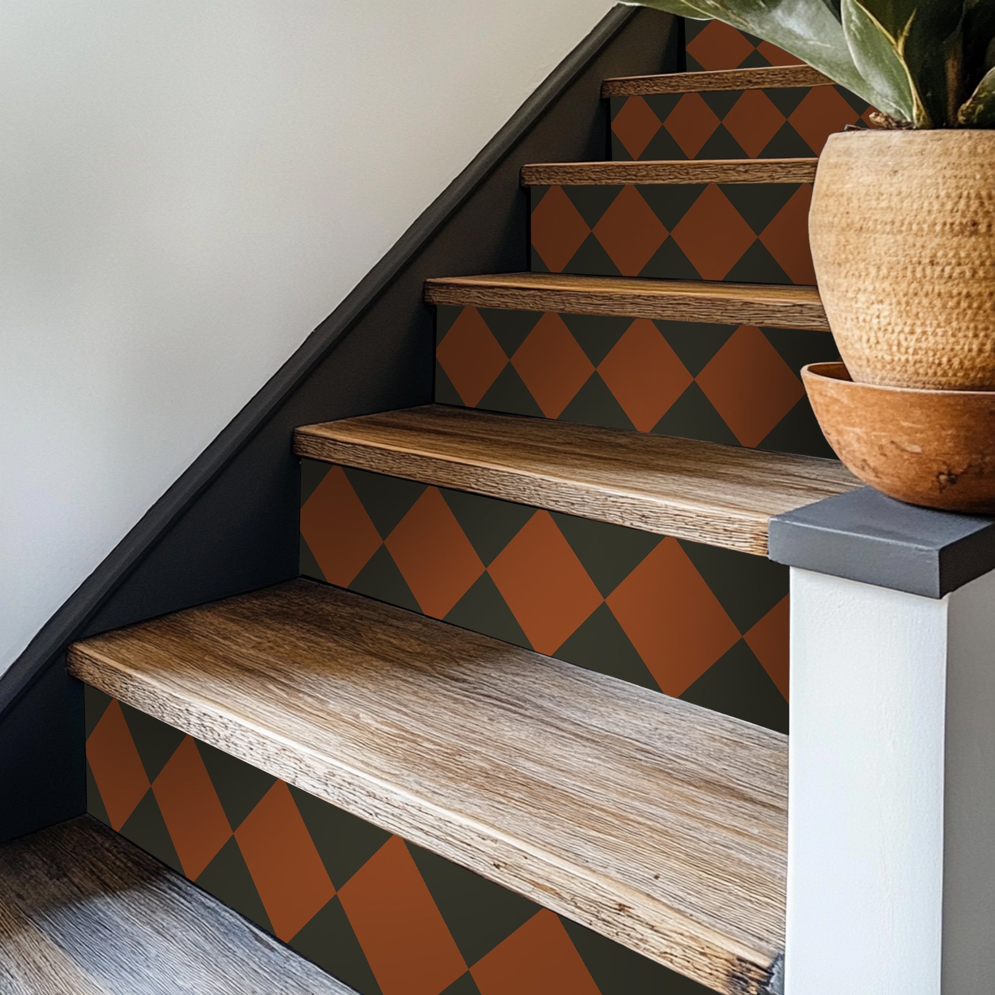 Checkerboard Stair Riser Stickers Sienna and Charcoal