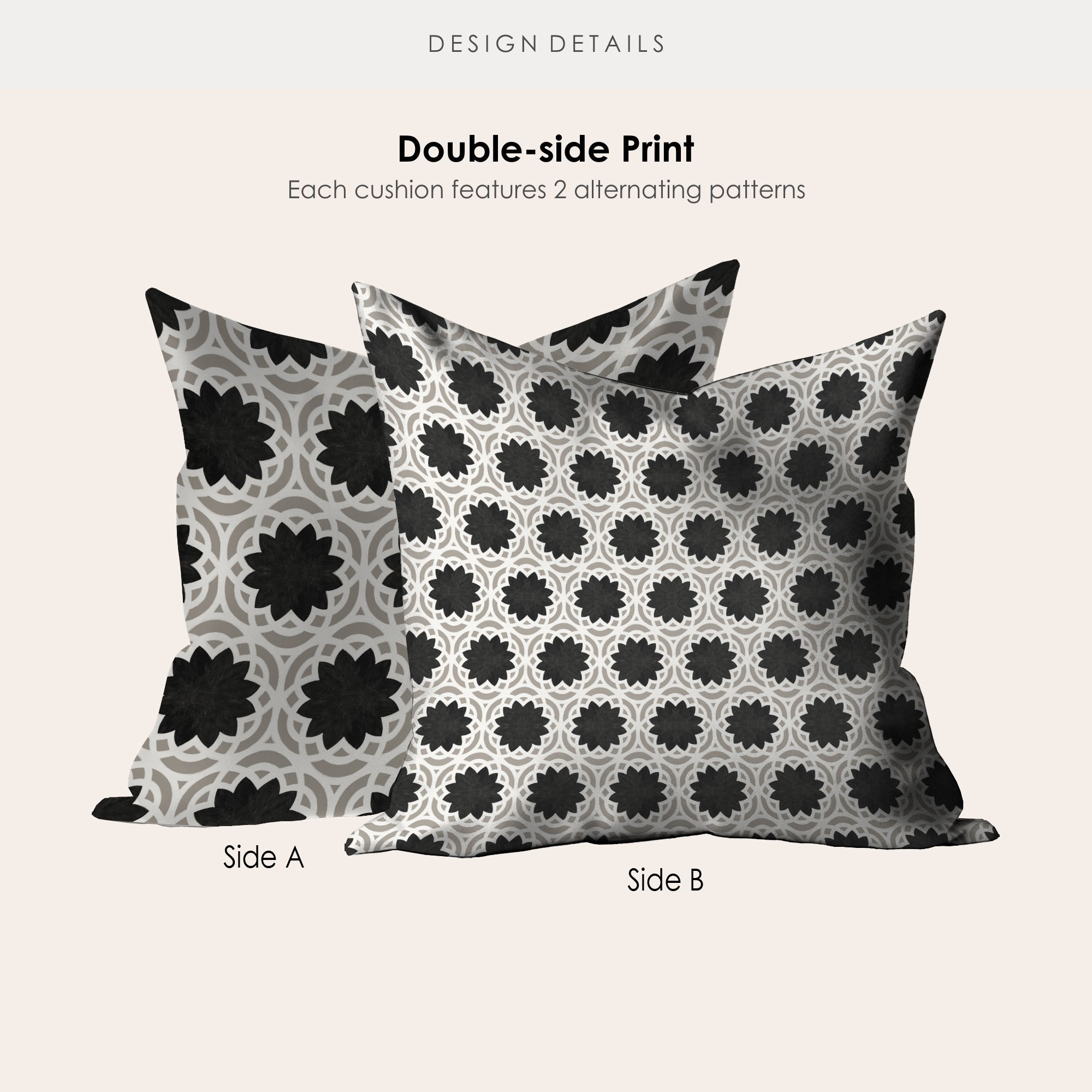 two black and white pillows sitting next to each other