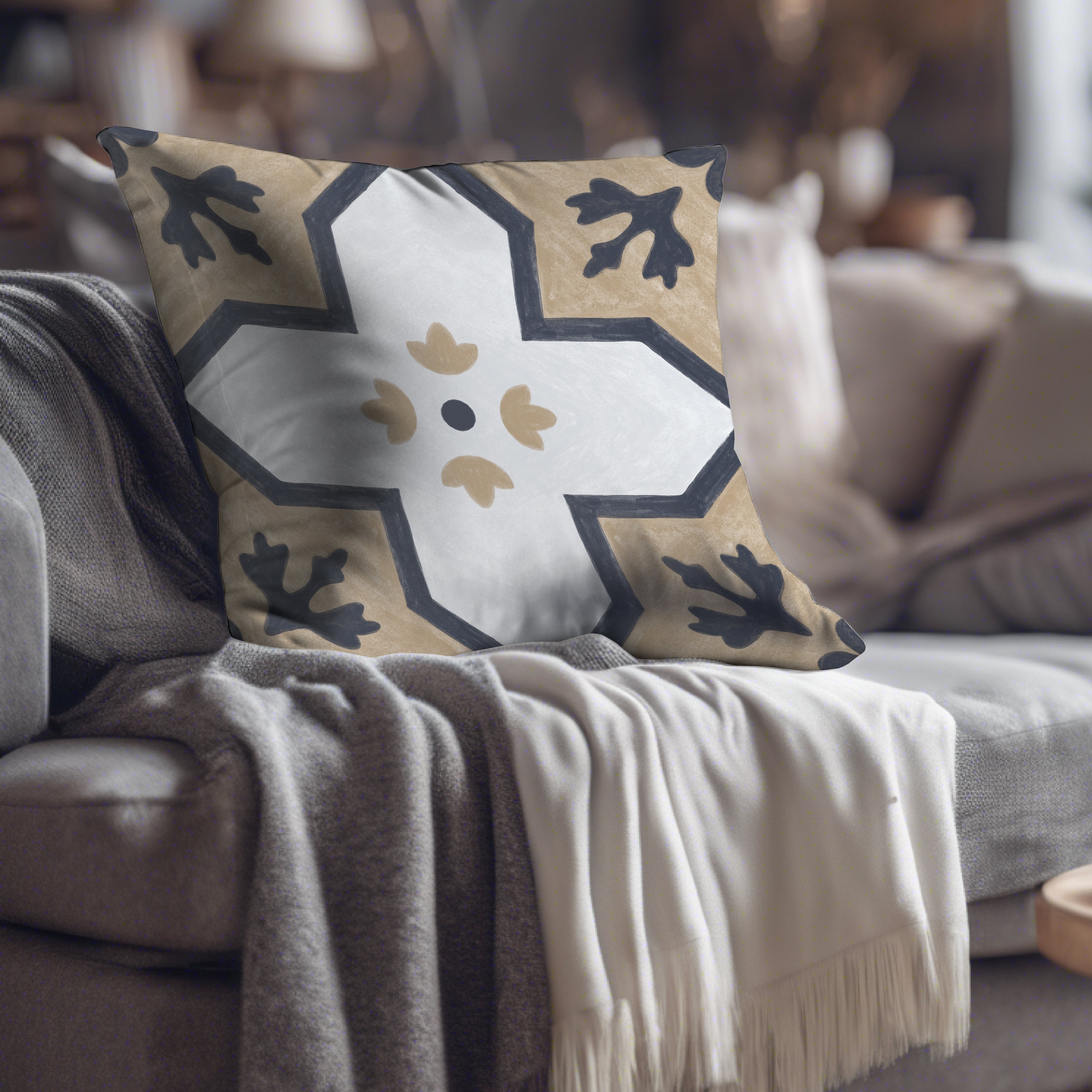 a couch with a decorative pillow on top of it